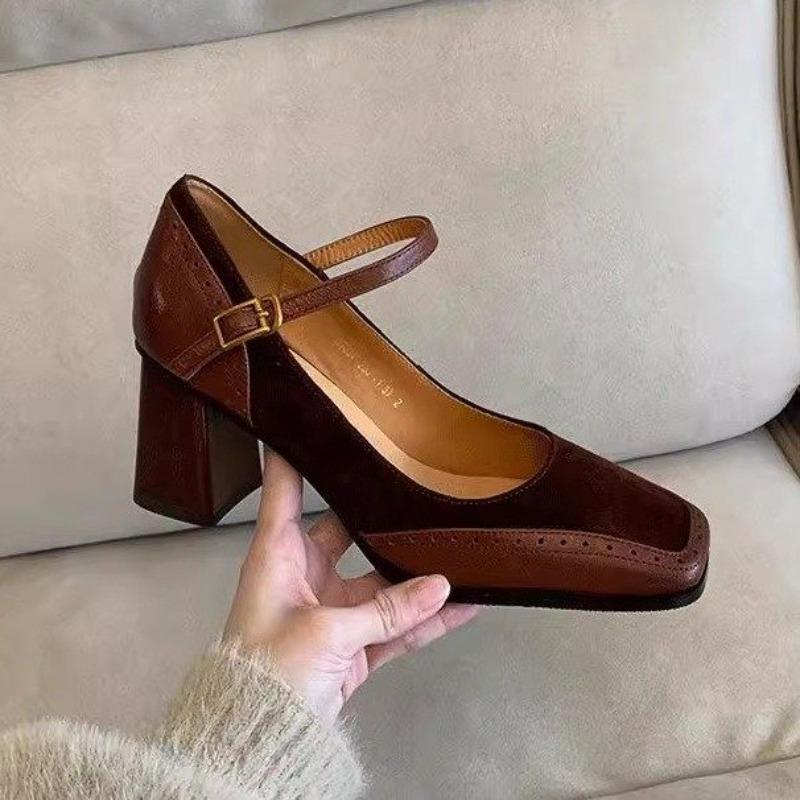 2025 Новая Мода Французский Стиль Женские Черные Туфли-Лодочки с Квадратным Носком на Массивном Каблуке и Толстой Подошве, С Пряжкой, Слипоны, Винтажные Сандалии для Леди