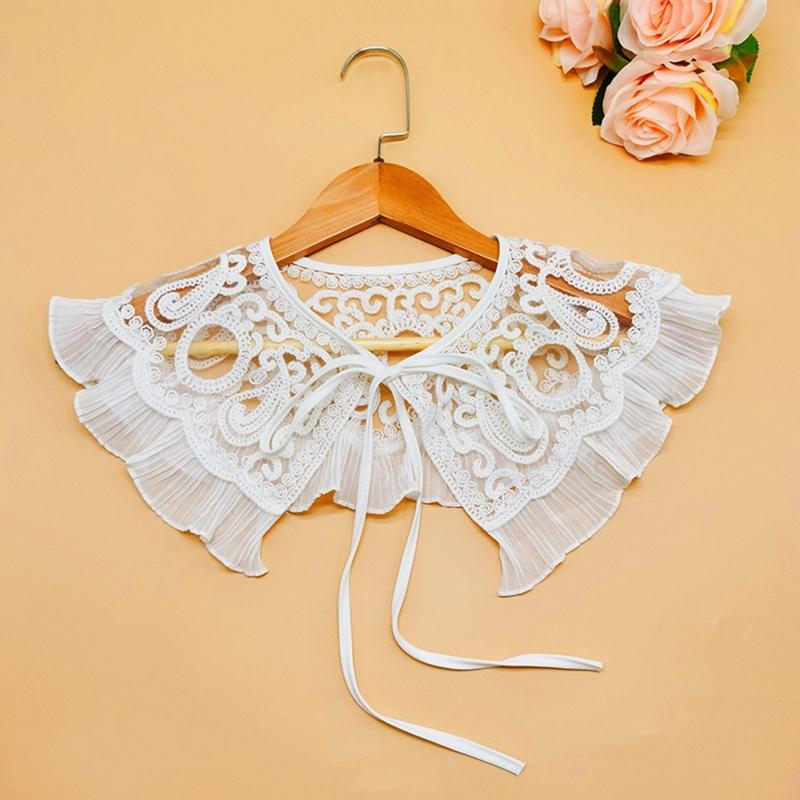 Women Girls Vintage Lolita False Fake Collar Shawl Sweet Ruffles Lace-Up Bow Decorative Necklace Choker Short Poncho