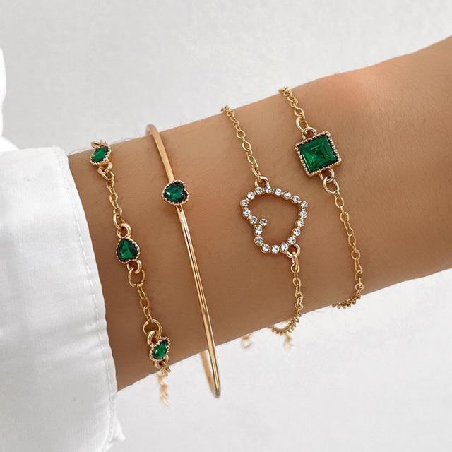 4pc Inlaid Green Gemstone Bracelet Jewelry Set for Women Heart Bracelet Wedding Engagement Bracelet Fashion Jewelry MIT