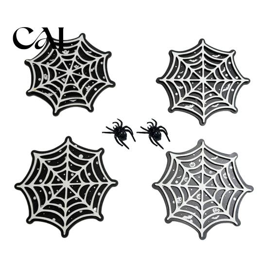 Boho Style Coffee Table Decor Halloween Spider Web Wooden Coaster, Anti-Slip Wood Cup Mat with Figurine, Heat Resistant Drink Coasters