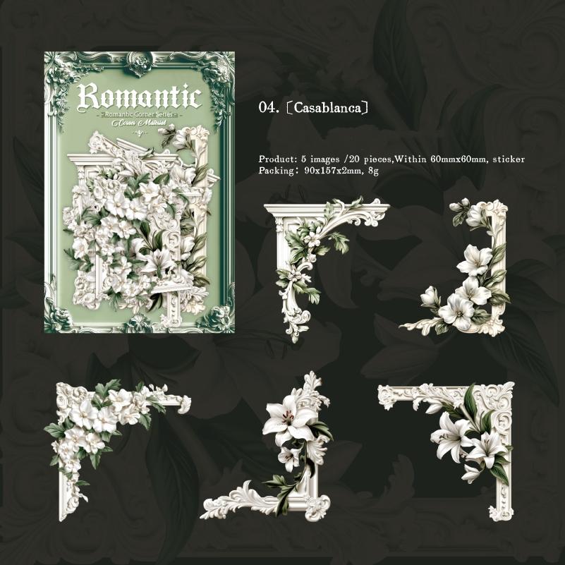 20pcs/bag Flower Themed Corner Frame Stickers Decorative Scrapbook Photo Frame Cards DIY Sticker Hand Account Background Collage