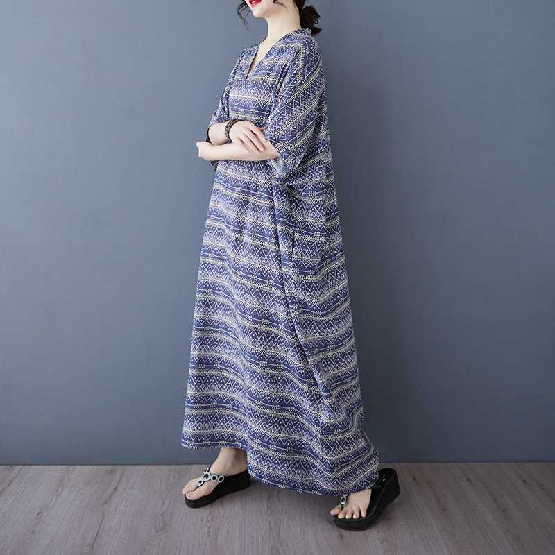 Летний цвет Отпускной стиль Туризм V-образный вырез Ретро Длинная юбка Хлопково-льняное платье