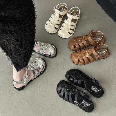 Французские ретро плетеные римские сандалии на плоской подошве женские туфли-клетка 2025 лето новая универсальная мягкая подошва повседневная пляжная обувь