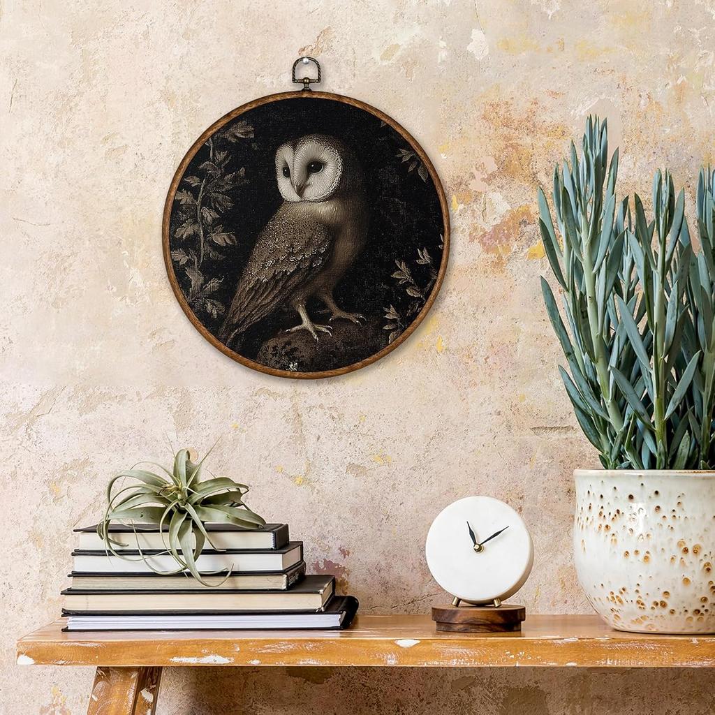 Voxitura Vintage Midnight Owl Fall Wall Art Round Framed, Black Goth Dark Wall Decor Canvas Hanging Living Room, Rustic Gothic Paintings Prints