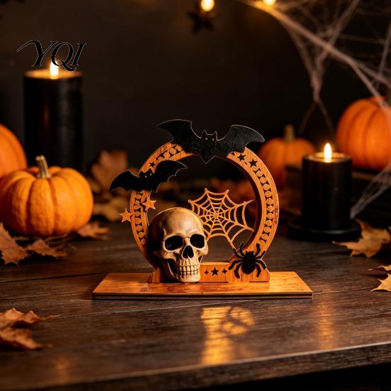 Rustic Holiday Table Decor Halloween Wooden Skull Ornament with Bat and Spider Web Elements, Stable Creative Tabletop Art Base Decoration for