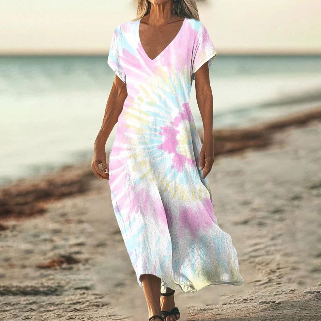 Fashion Women's Summer V-neck Short Sleeve Tie- Retro Print Beach Dress