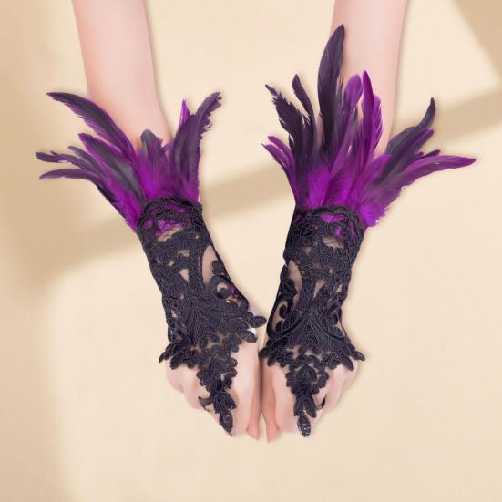 Women's Feather Wrist Cuffs Gothic Lace Feather Long Fingerless Gloves