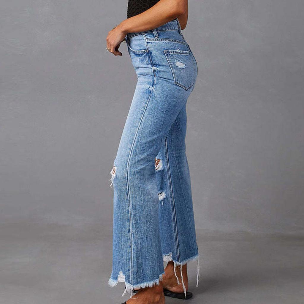 Женские потертые рваные длинные джинсы с бахромой, повседневные брюки прямого кроя