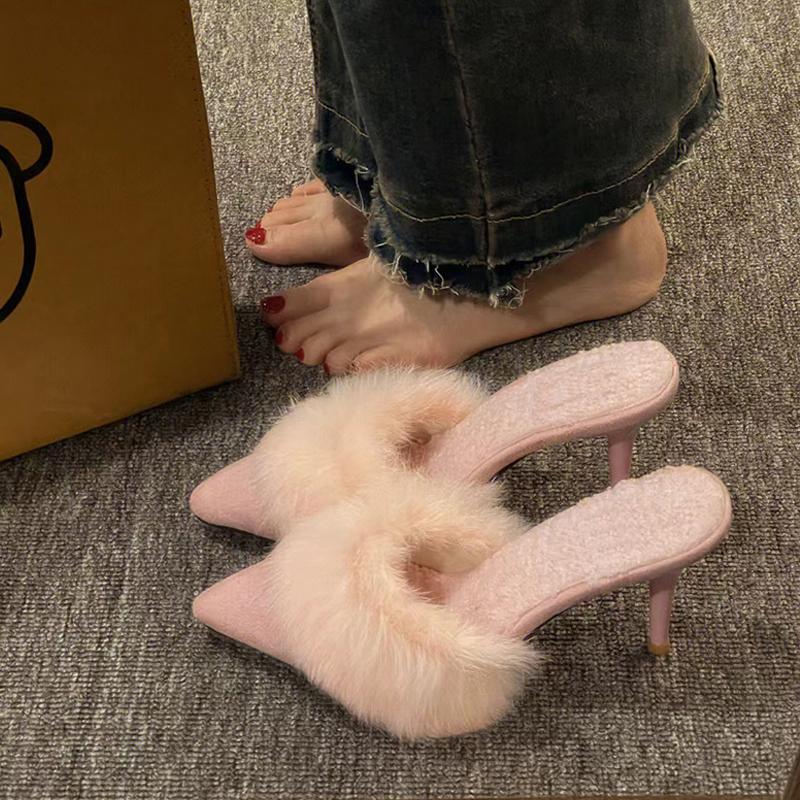 Модные мюли на высоком каблуке с мехом, женские элегантные меховые тапочки с острым носком, женские роскошные плюшевые туфли-лодочки для вечерней вечеринки