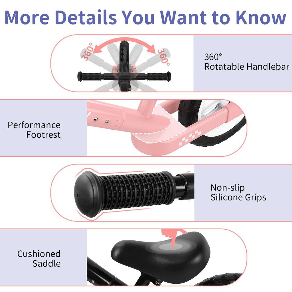 BELEEV Kick Bike, 12-inch, No-Pedal Bike for Ages 2-6, Lightweight & Adjustable Seat & Handlebars, Illuminated Wheels & Carry Strap (Pink)