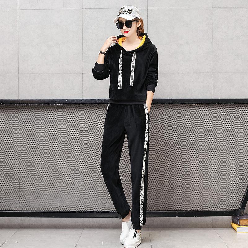 Золотой бархатный костюм для женщин, модная осенне-зимняя спортивная одежда, плюс бархатный толстый свитер, повседневный женский костюм из двух частей