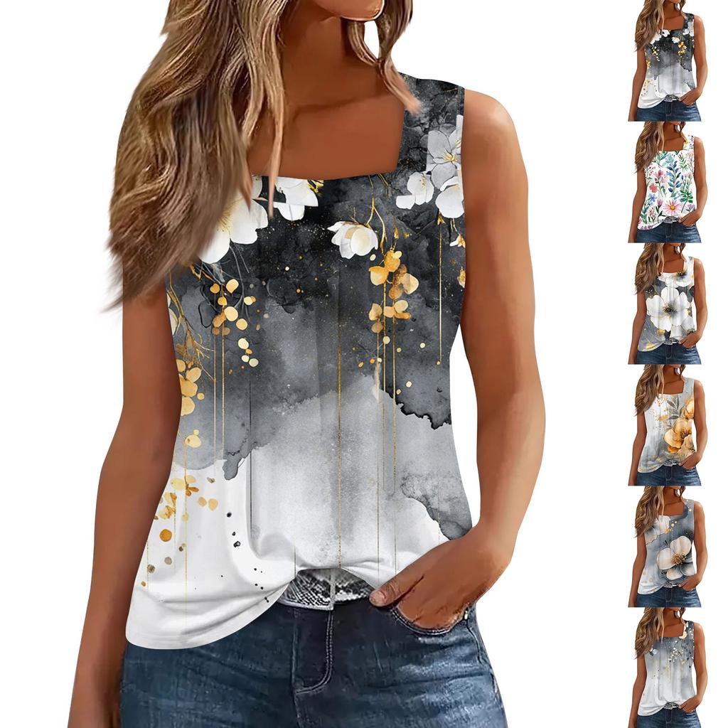 Women's Pleated Square Collar Sleeveless Vest Print T-shirt