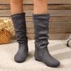 Plus-size Shoes, Flat Shoes, Height-increasing Mid-calf Boots, Women's Retro Round-toed Suede Fashion Boots