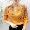 Feather Printed Casual Pullovers Autumn Winter Fleece Thick All-match Warm Chic Diamonds V-Neck Long Sleeve Tops