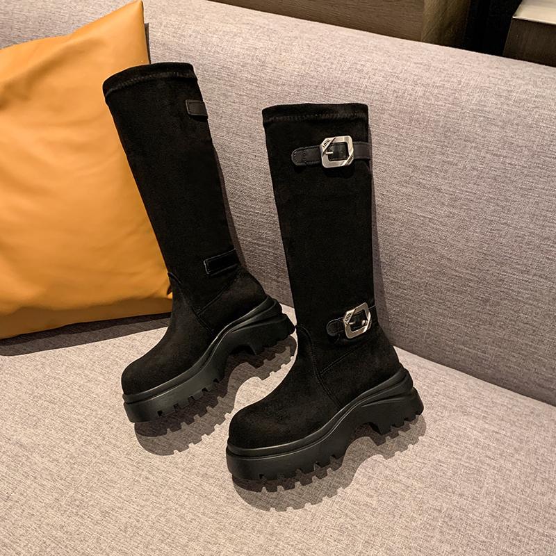 Мода 2025 Женские Стильные Сапоги-Слоучи до Середины Икры Мягкие Удобные с Дизайном Круглого Носка Застежка-Пряжка Дизайн Повседневная Обувь для Улицы