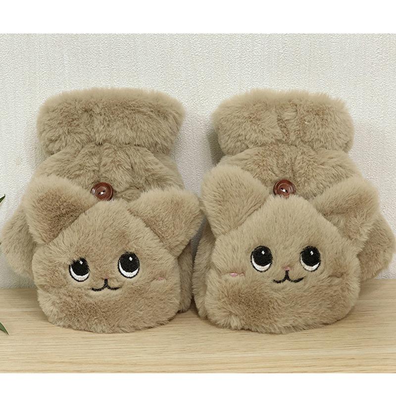 Милые зимние плюшевые утолщенные гибкие перчатки без пальцев, мех кролика, кошки, откидные перчатки, мягкие удобные сенсорные перчатки для холодной погоды