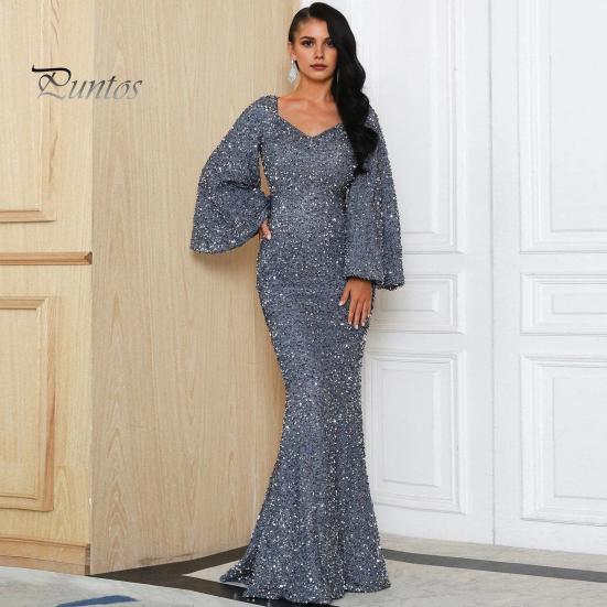 Женское вечернее платье с рукавами-колокольчиками, пайетками, А-силуэта, облегающего кроя, глубоким вырезом, V-образным вырезом, макси-платье со средней талией и застежкой-молнией сзади, выпускное платье