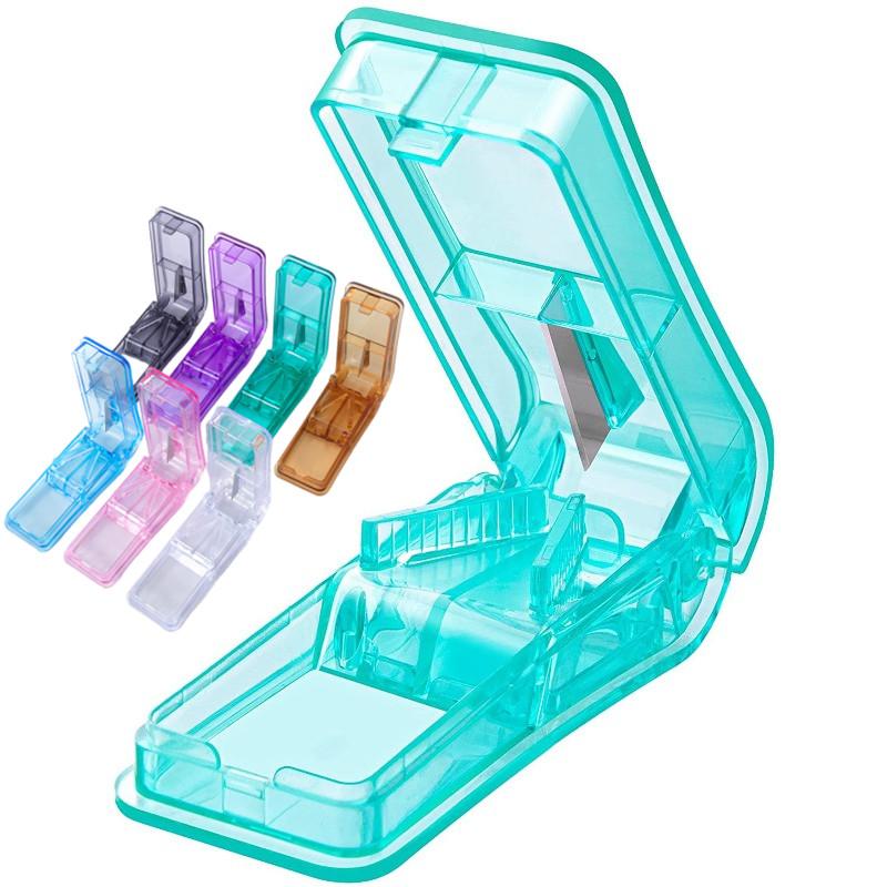 Candy Color Clear Pill Storage Box with Stainless Steel Pill Cutter Tablet Splitter Portable Mini Pill Box Case for Home Travel