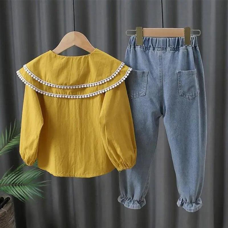 Костюмы для девочек Весенняя и осенняя одежда Осенняя одежда Рубашки Джинсовые длинные брюки Детская одежда Осенняя одежда для больших детей