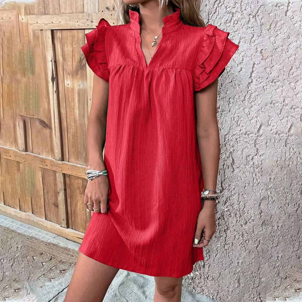 Женское модное повседневное сплошное платье-пуловер с v-образным вырезом и рукавами с рюшами