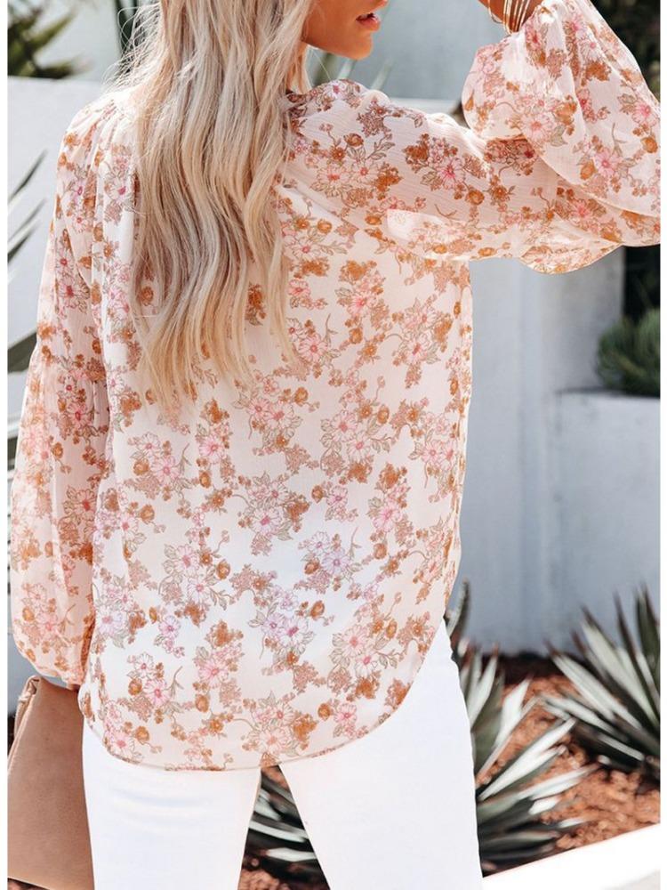 Fashion Women's Casual Tops Spring/Summer V-neck Lantern Sleeve Floral Chiffon Shirt Top with Lining Comfortable and Versatile T-shirt for Ladies