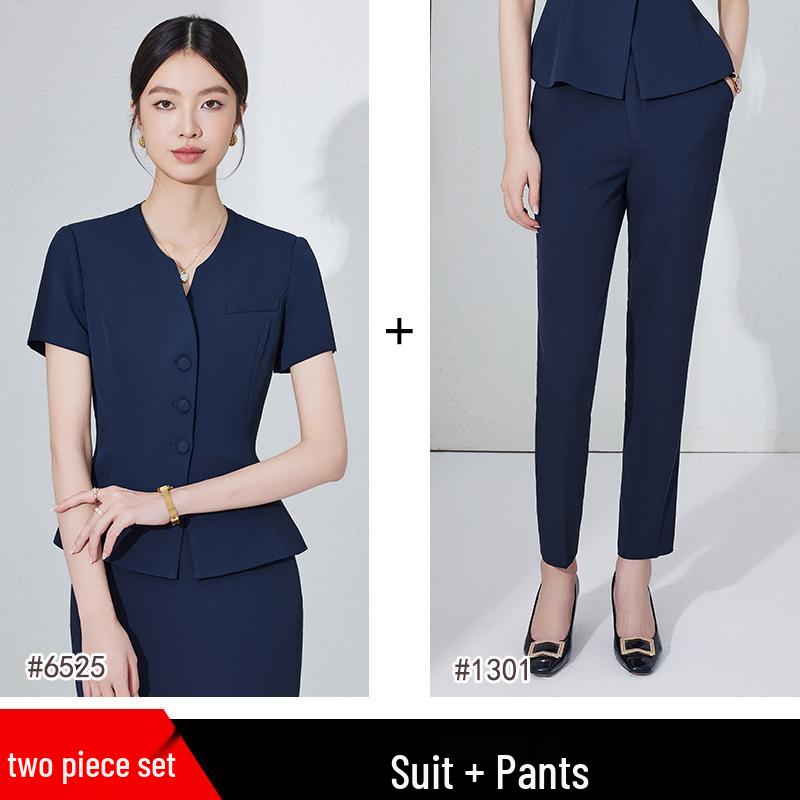 Женский темно-синий костюм с коротким рукавом - Летняя профессиональная одежда для стойки регистрации в отеле и ювелирном магазине.