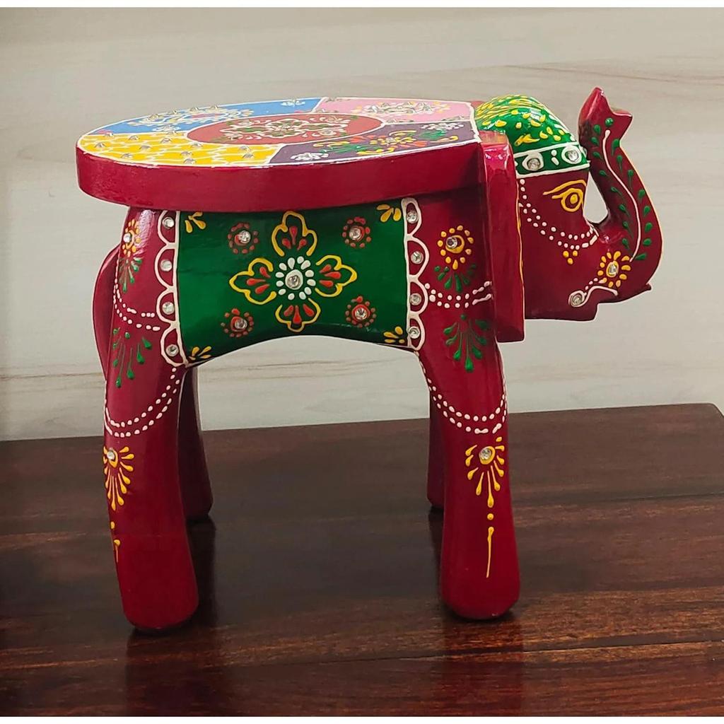 Wooden Painting Decorative Rajastani Painted Elephant Stool Home Decorative Items Showpiece(8 Inch) (Maroon)