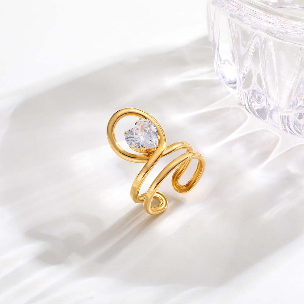 Cubic Zircon Irregular Hollow Opening Ring for Women, Geometric Twist Lines Stainless Steel Ring, Fashion Waterproof Jewelry