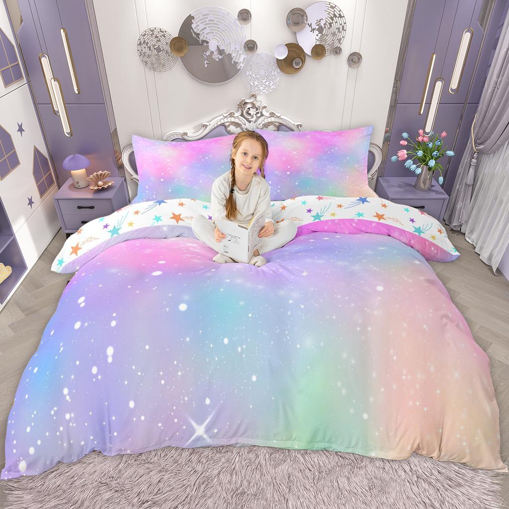 Homewish Kawaii Rainbow Duvet Cover Set for Girls, Glitter Stars Quilt Cover Set, Psychedelic Galaxy Bedding Set