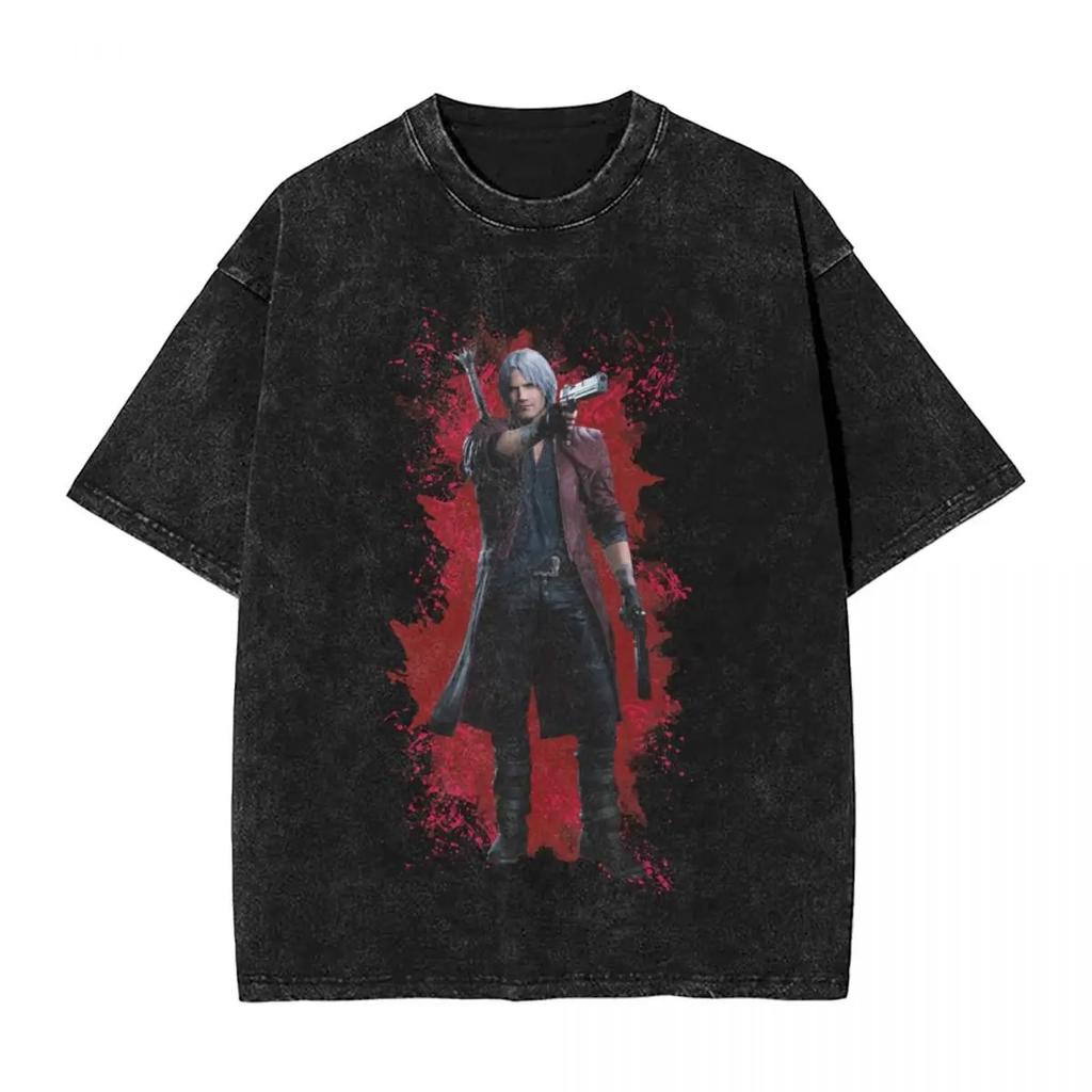 Devil May Cry Логотип Винтажная Стирка Оверсайз Футболка Унисекс Игровой Экшен Уличная Одежда Футболка