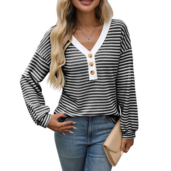 Женская футболка с V-образным вырезом, длинным рукавом, пуговицами, частичной застежкой, пуловер, топы, дизайн с цветными блоками, повседневные топы для ежедневной носки