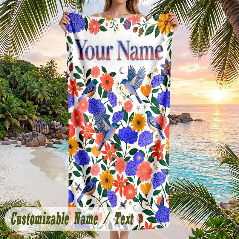 Floral Birds Artwork 1 Theme Quick Dry Beach Towel Custom Name Text Print Large Sand Resistant Towel Beach Vacation