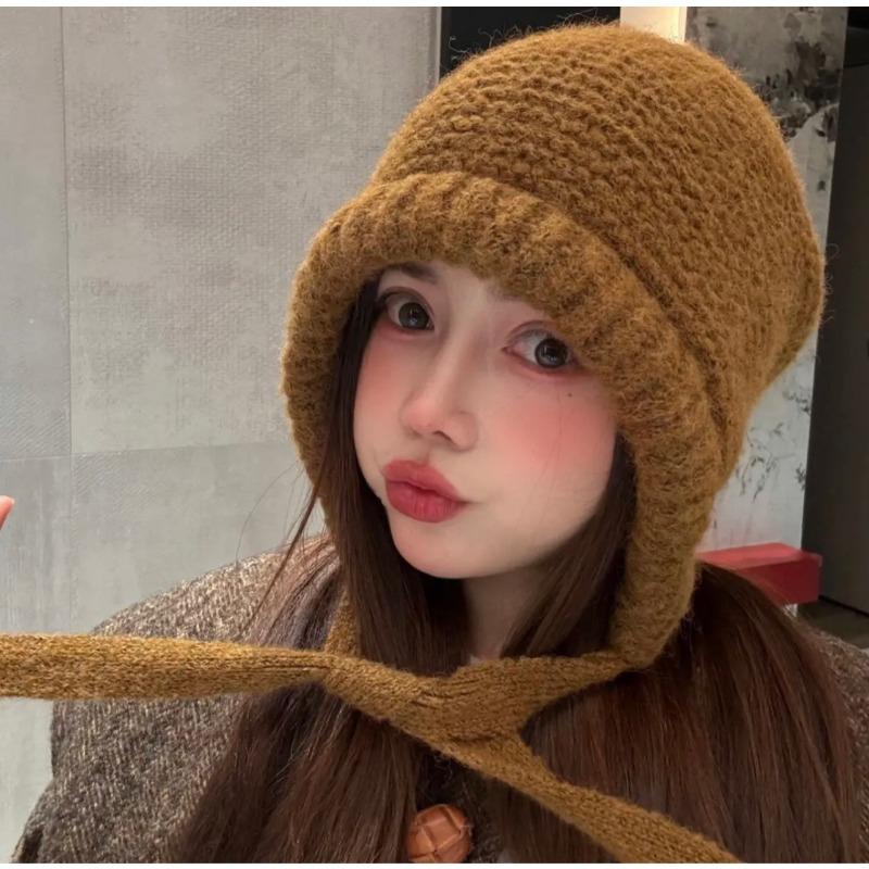 Женская зимняя шапка для большого обхвата головы, вязаная шапка, универсальная, для маленького лица, шапка-мешок со шнуровкой, двойного назначения, с защитой для ушей, головной убор