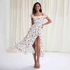 Women's Summer Boho Floral Maxi Dress Casual Square Neck Short Sleeve Dresses Ruffle Tiered Beach Party Hem Split Long Flowy Sundresses for Women