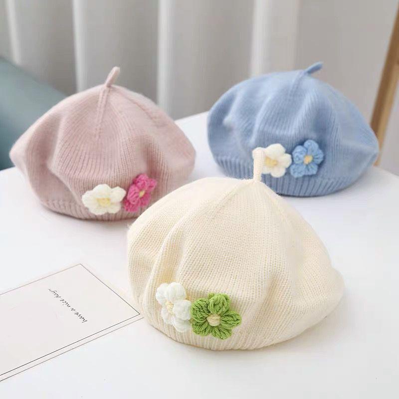 Fashion Baby Hat Solid Color Flower Girls Warm Beret Vintage Knitted Beret Hat Kids Autumn Winter Children Artist Painter Cap