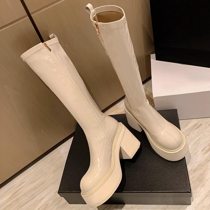 High Heel Women Knee High Boots Fashion Elegant Patent Leather Shoes Autumn Winter Punk Style Women's Morder Long Booties