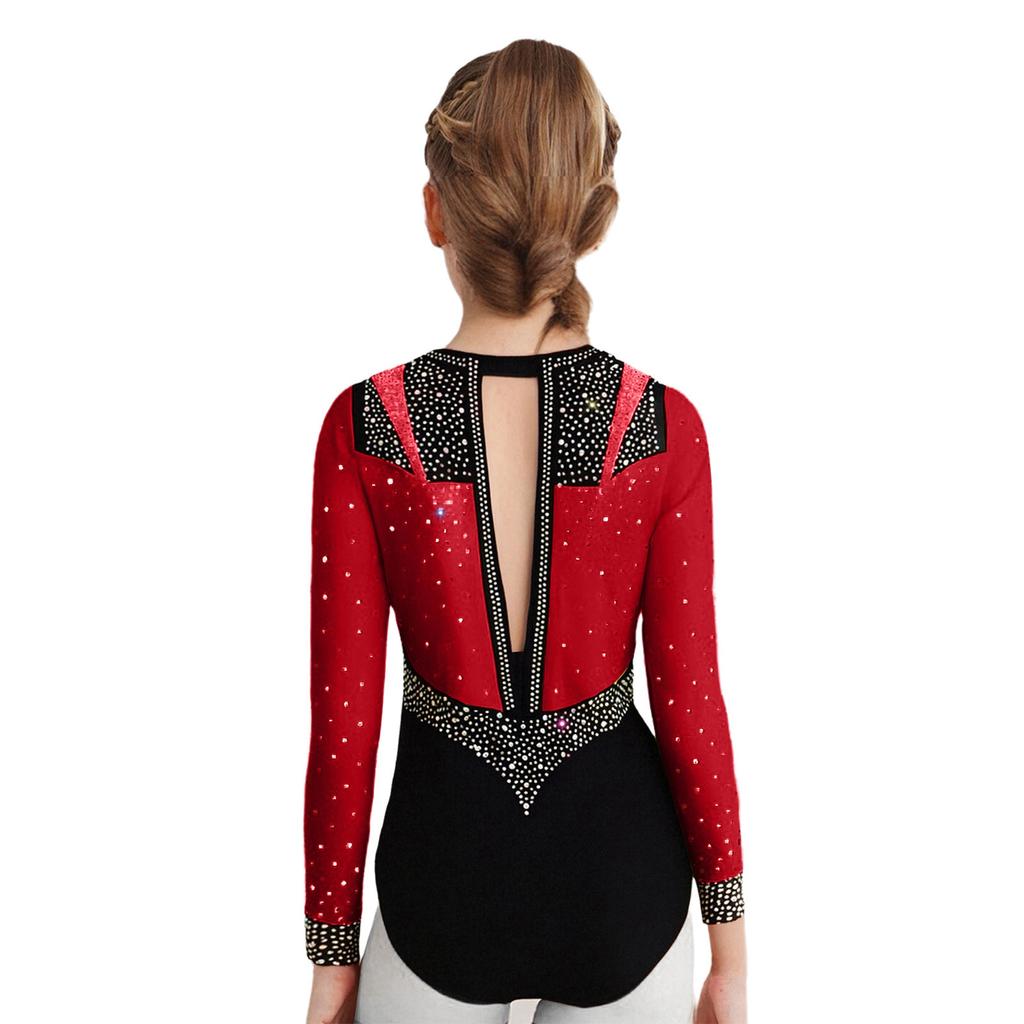 Гимнастический купальник для девочек с длинным рукавом, с вырезом-капелькой на спине, блестящими стразами, одежда для фигурного катания и танцев