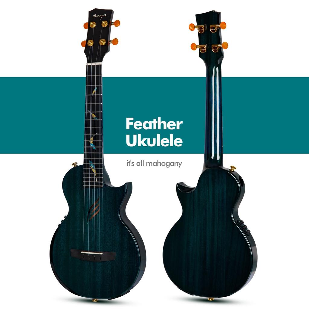 Enya EUT-Feather Acoustic Plus Tenor Electric Ukulele, All Solid Mahogany (3-Piece CNC Machined) with Colorful Feather Inlays, Double Strap Case, and