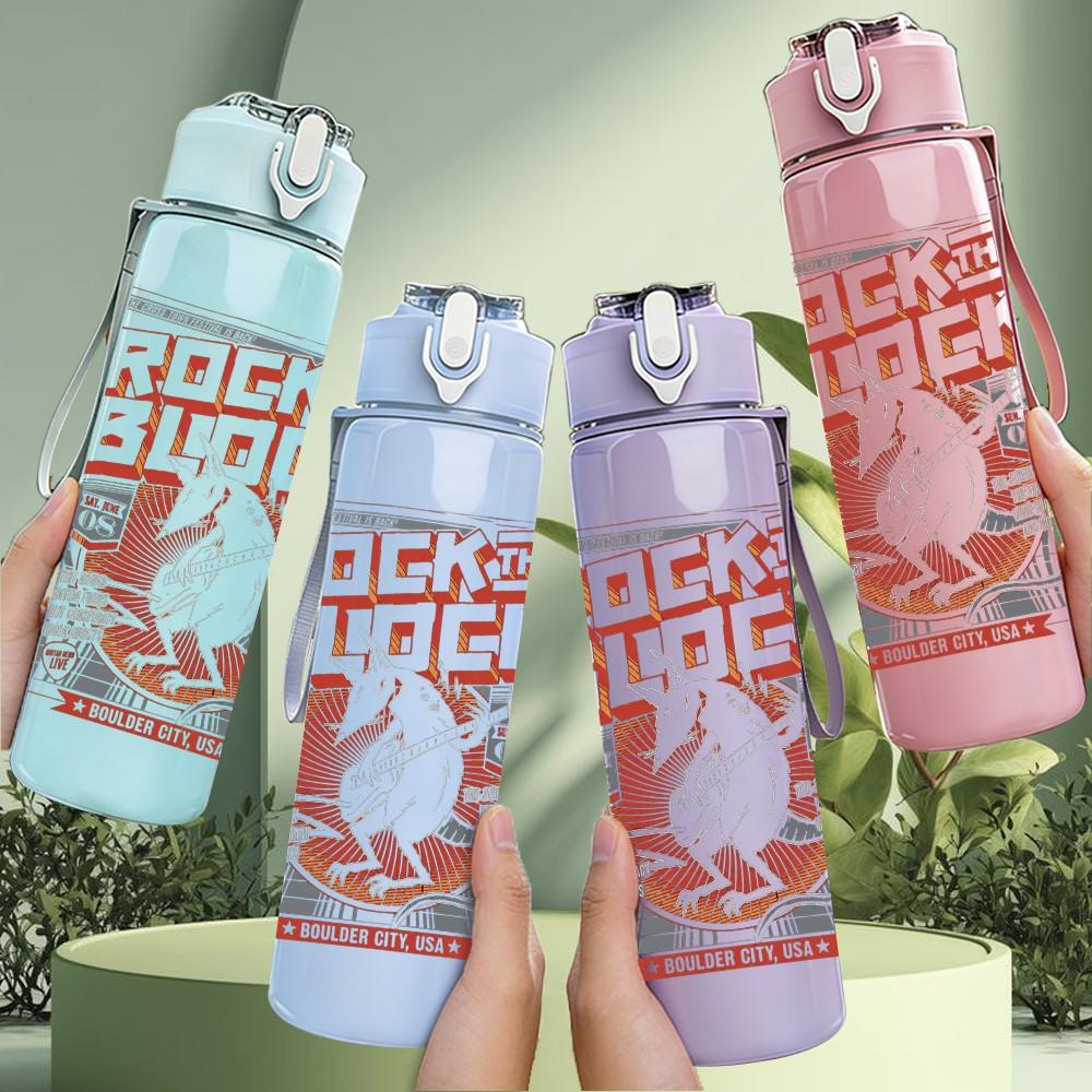 1PC Rock band red grunge text print 750ml colorful plastic sports water bottle leakproof pop up lid with straw for outdoor work home use