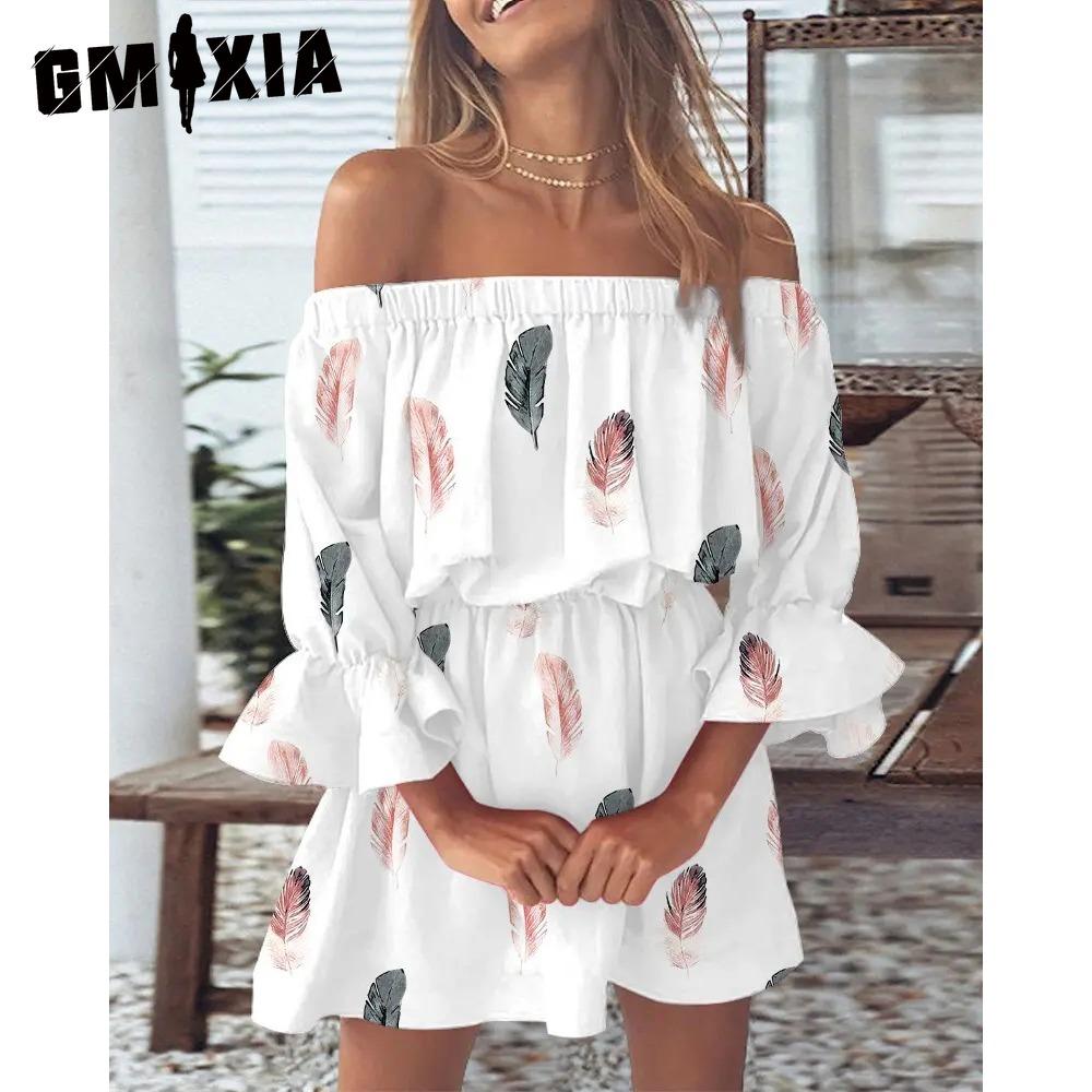 GMXIA Женское мини-платье с цветочным принтом, летнее сексуальное платье-туника с открытыми плечами и расклешенными рукавами, женское повседневное пляжное платье в стиле бохо