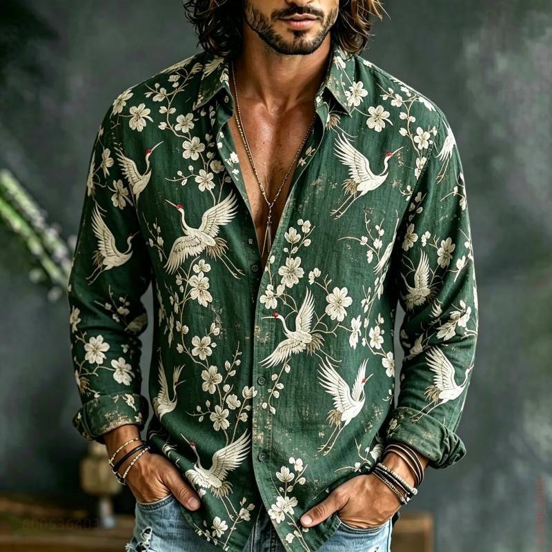 Men's Long Sleeved Shirt, Crane Plum Blossom Full Printed Shirt, Versatile and Comfortable Top for Daily Gatherings and Outings