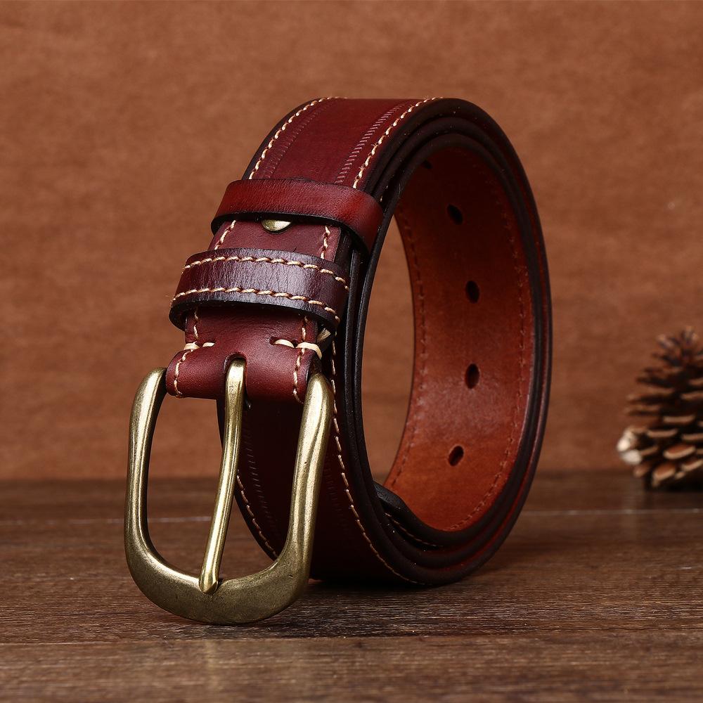 Ремень мужской из натуральной кожи первого слоя коровьей кожи с медной пряжкой, ленивый новый модный универсальный мужской ремень