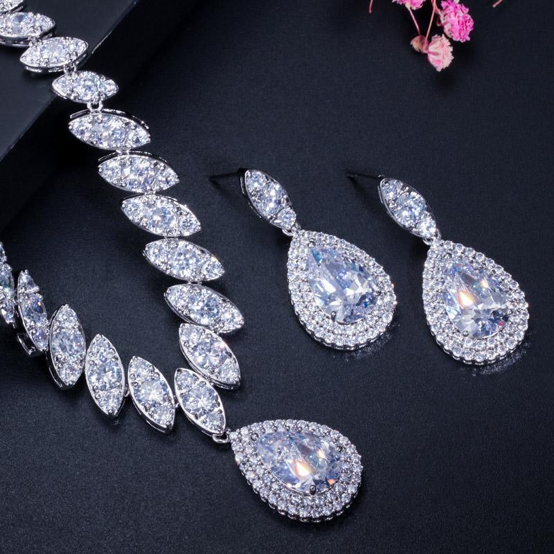CMM 2PCS Engagement Water Drop Cubic Zirconia Pendant Necklace Set Earrings