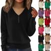 Women's Fashion V-Neck Button-Front Long-Sleeved Knit Top Solid Colour Loose-Fit Blouse