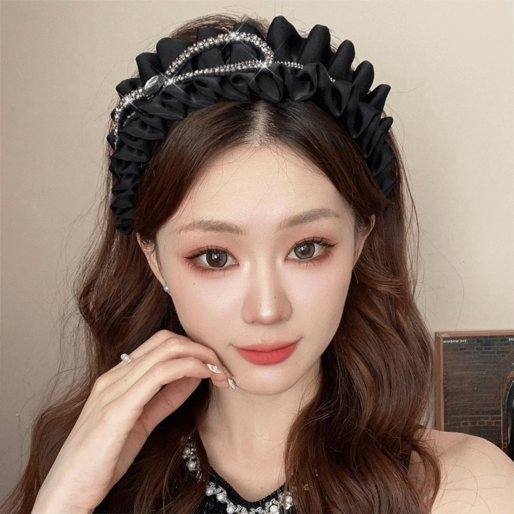 Тканевый Женский Обруч для Волос Широкая Гофрированная Повязка на Голову Ретро Черная Повязка для Волос Похороны