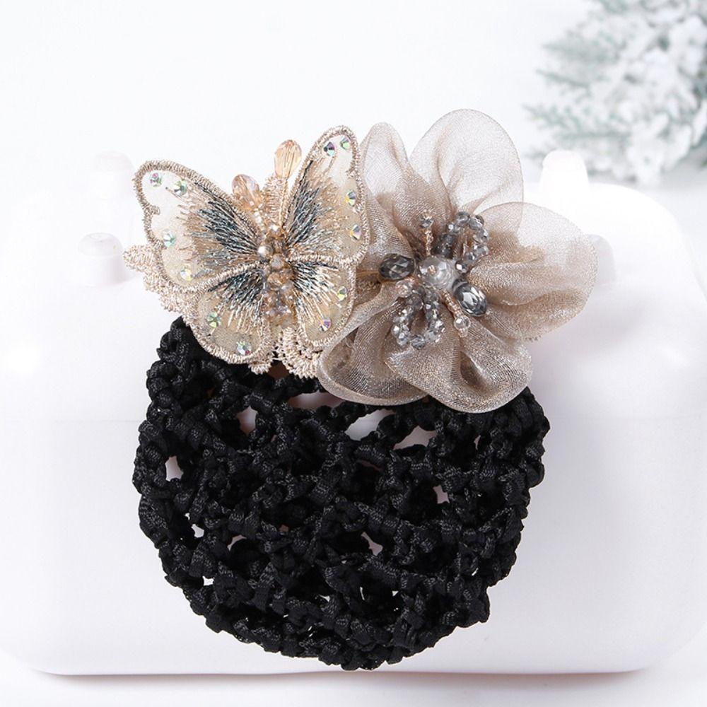 Butterfly Flower Elastic Hair Net Rhinestone Beads Decor Hair Bun Holder Hotel Staff Uniform