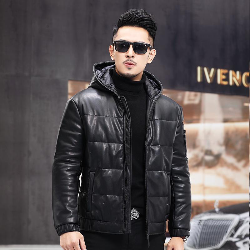 Winter New Sheepskin Genuine Leather Coat Men's Down Coat Short Hooded Slim Fit Korean Leather Jacket Coat
