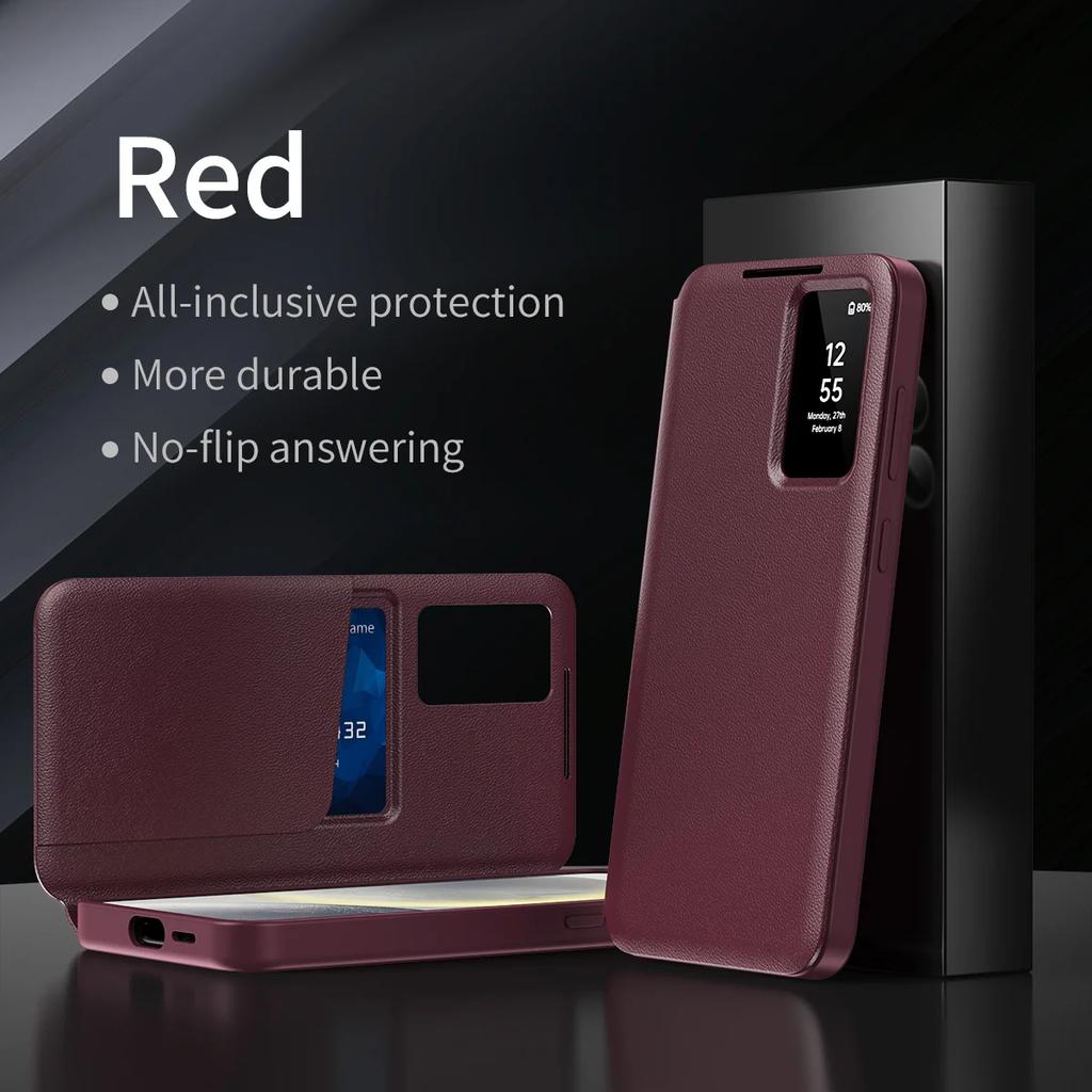For Samsung Galaxy S25 S23 S24 S26 Ultra A57 A37 Case Original PU Leather Card Pocke Flip Smart Display Transparent Window Cover