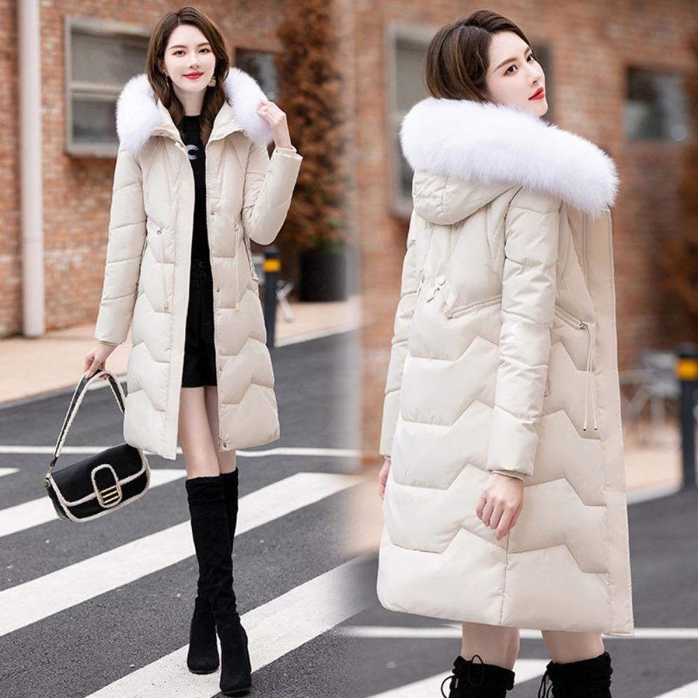 Пуховик женский средней длины и длинный новый приталенный с меховым воротником теплый пуховый утолщенный зимний