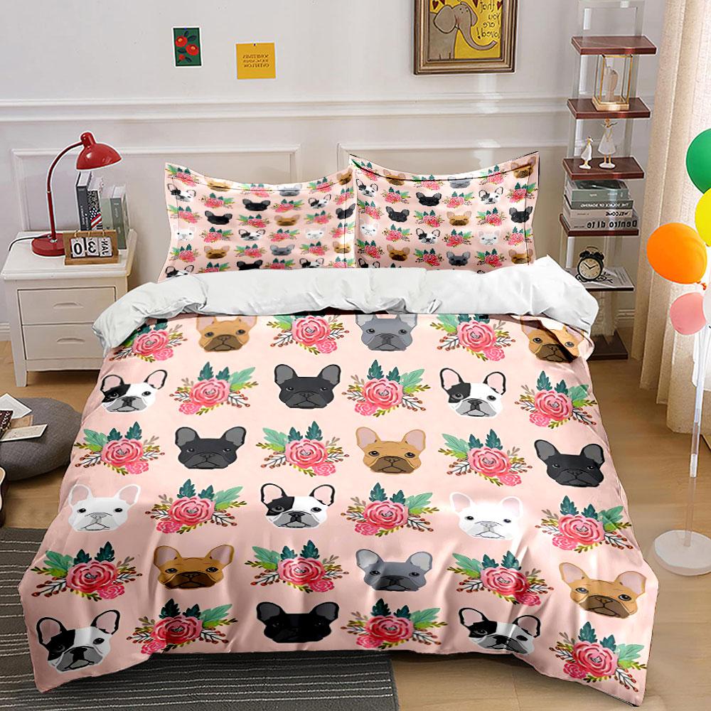 French Bulldog Floral Pattern Bedding Duvet Cover Set Duvet Cover Pillowcases (1*Duvet Cover 2*Pillowcases, without duvet insert)